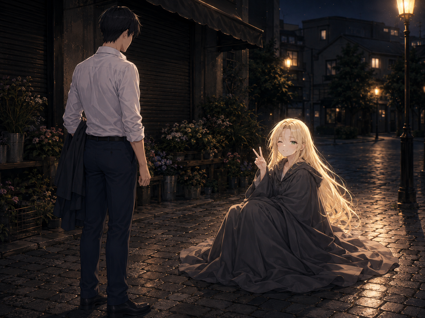 Belial's reveal on the rain-wet street